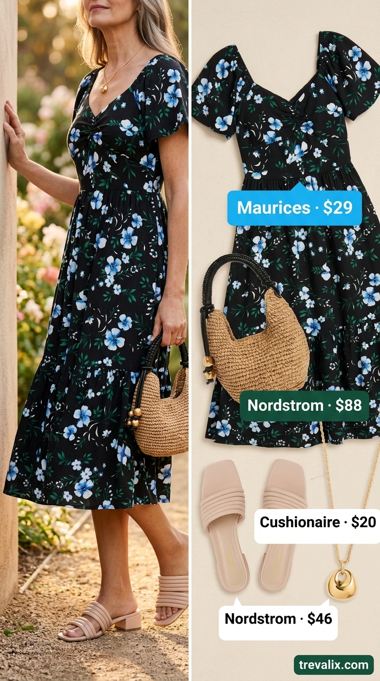 Summer outfit for women over 60 2026: Floral midi dress, straw top-handle bag, and nude block heels for garden brunch.