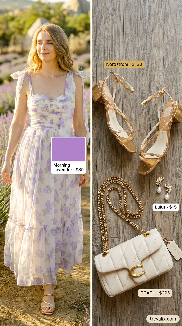 Feminine lavender floral midi dress summer outfit for women over 60 2026. Ideal for garden parties.
