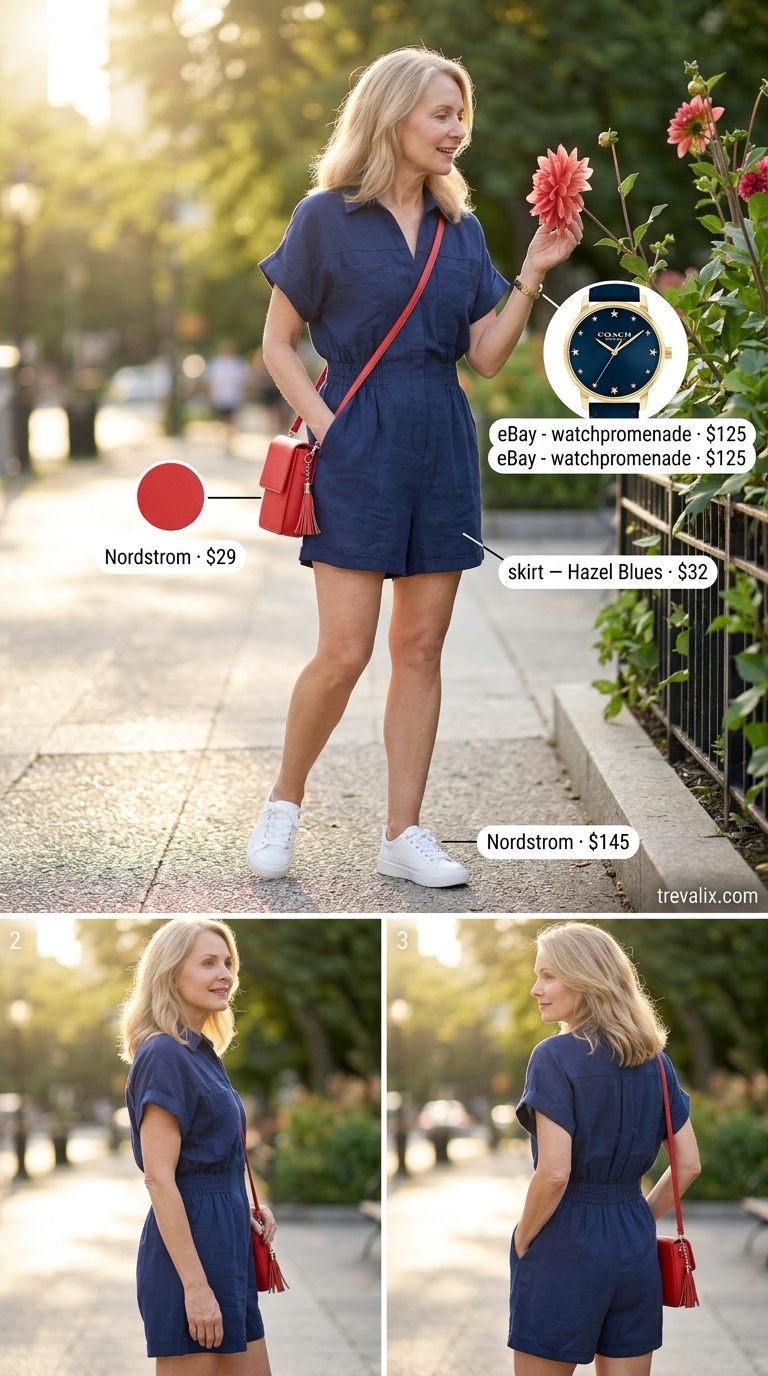 Chic navy romper summer outfit for women over 60 2026. Perfect for park picnics & casual day trips.