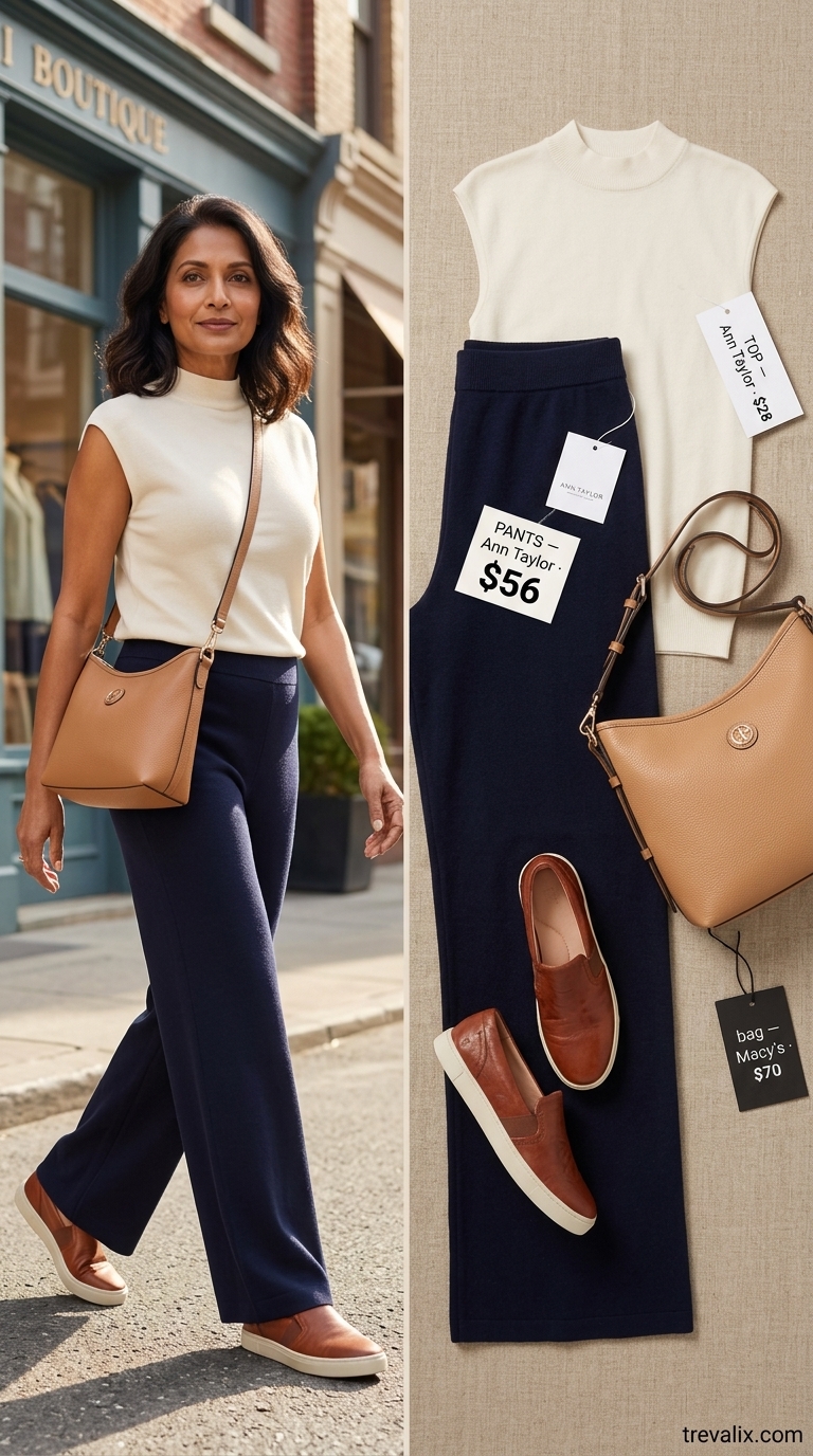 Chic navy wide-leg trousers summer outfit for women over 60 2026. Effortless travel & sightseeing style.