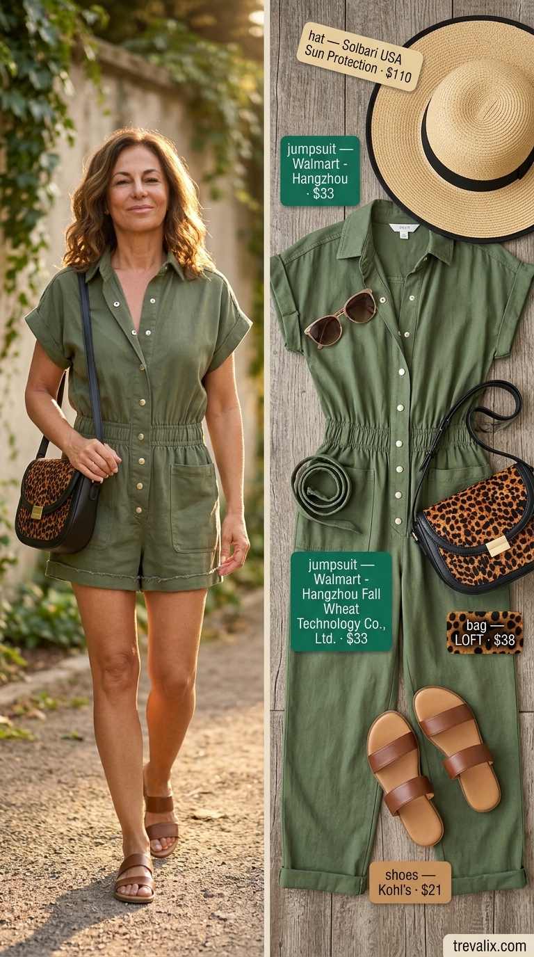 Summer outfit for women over 60 2026: Olive green utility jumpsuit, cognac slides, and leopard print bag for a casual day out.