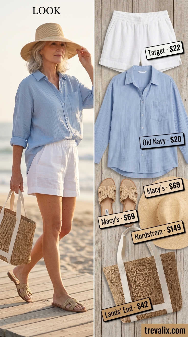 Summer outfit for women over 60 2026: White linen shorts, light blue oversized shirt, and straw tote for seaside style.
