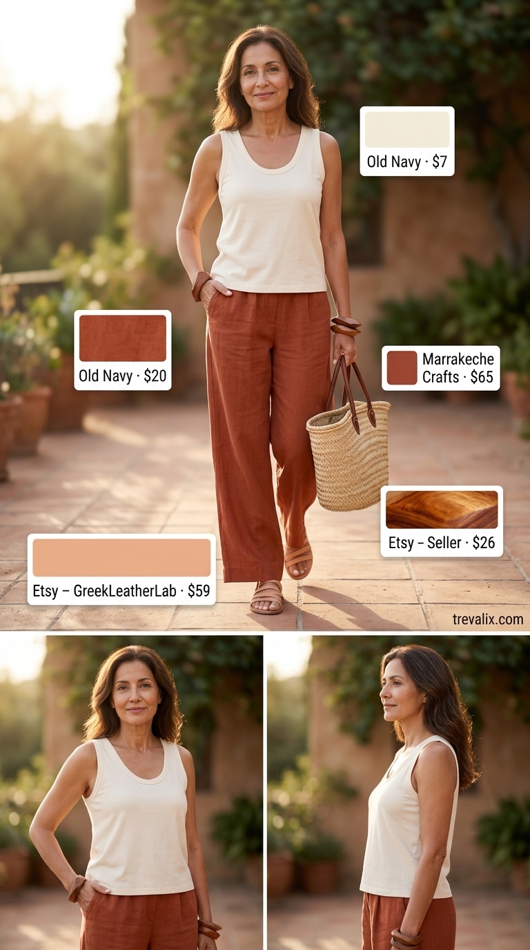 Earthy terracotta linen pants summer outfit for women over 60 2026. Ideal for weekend wanderer vibes.