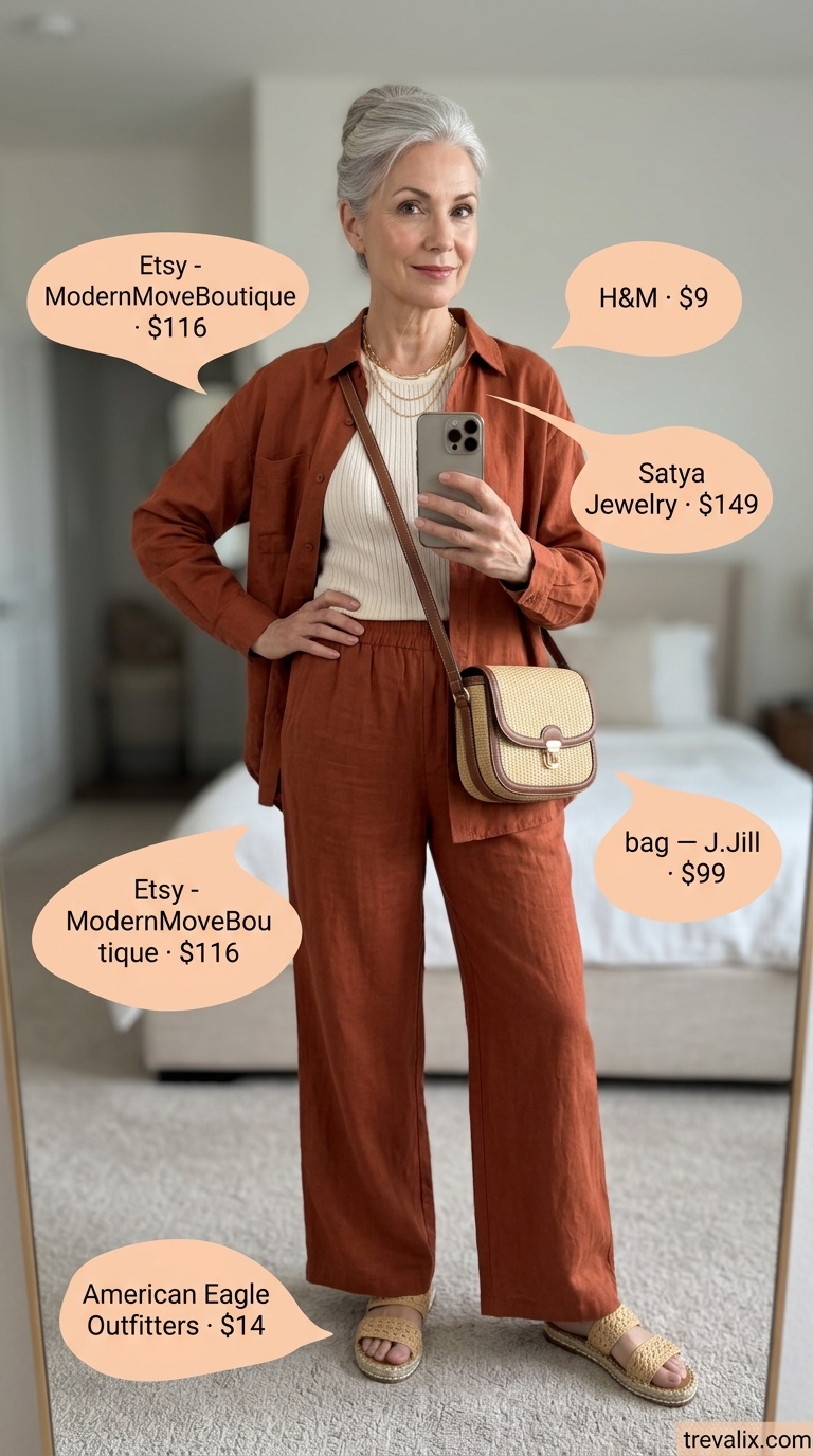 Summer outfit for women over 60 2026: Terracotta linen set, cream tank, and woven slides for resort wear.