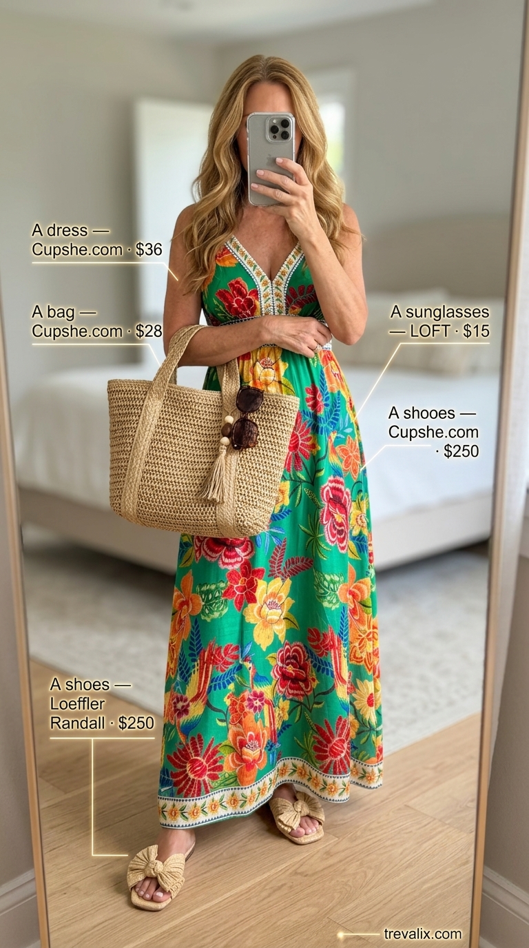 Vibrant tropical maxi dress summer outfit for women over 60 2026. Perfect for beach resorts & festivals.