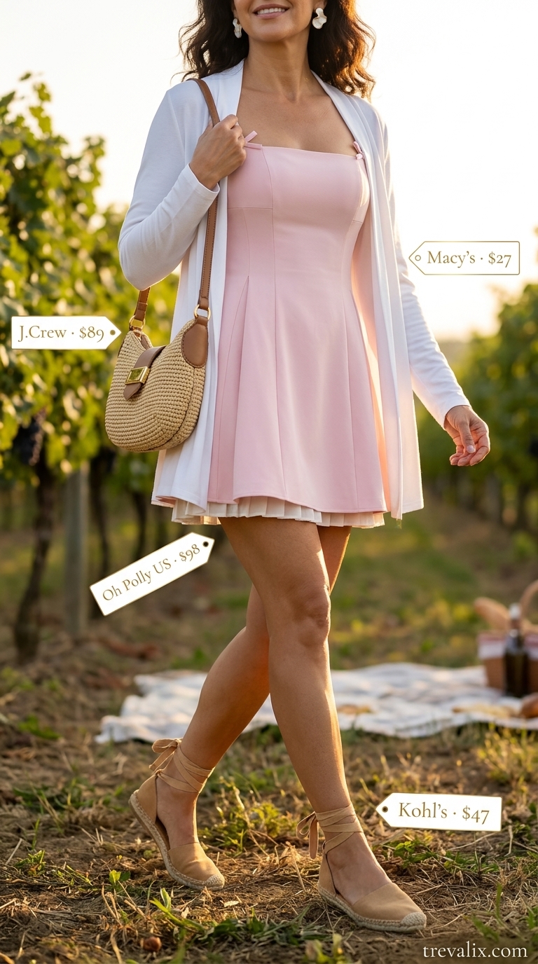 Summer outfits for women over 40 - 2026: Blush pink sundress, white cardigan for vineyard tour.