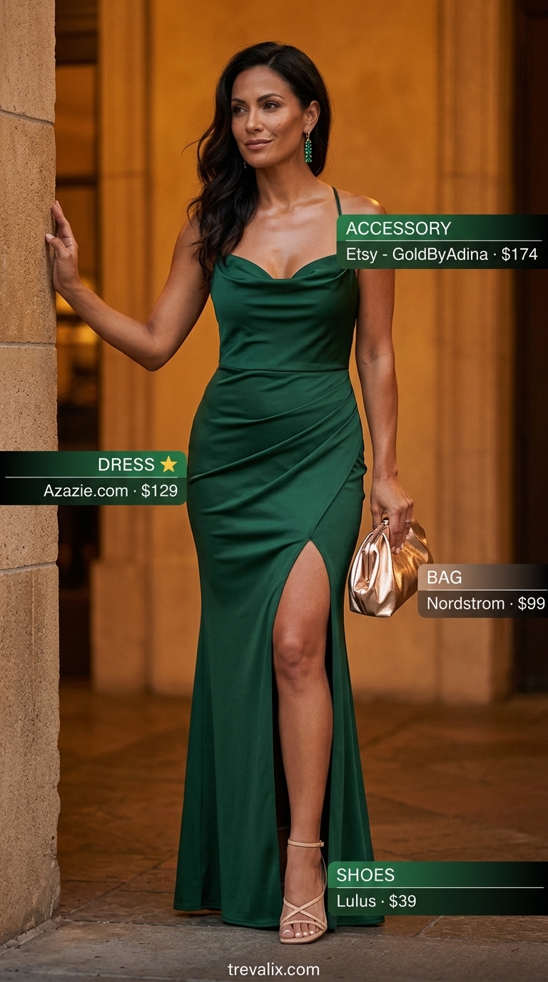 Summer outfits for women over 40 - 2026: Emerald green satin maxi dress, gold clutch for wedding guest.