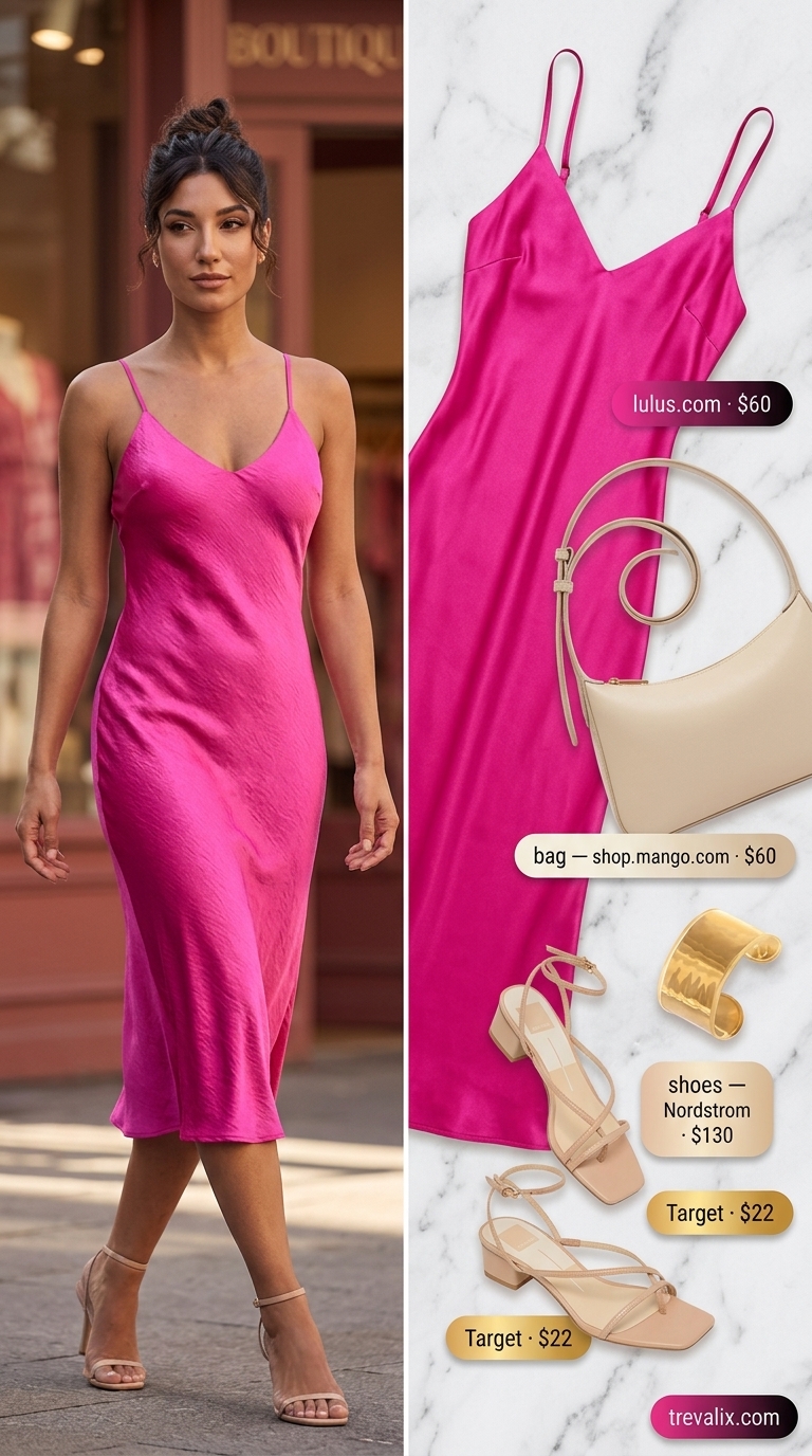 Summer outfits for women over 40 - 2026: Fuchsia satin midi dress, gold cuff for dinner.