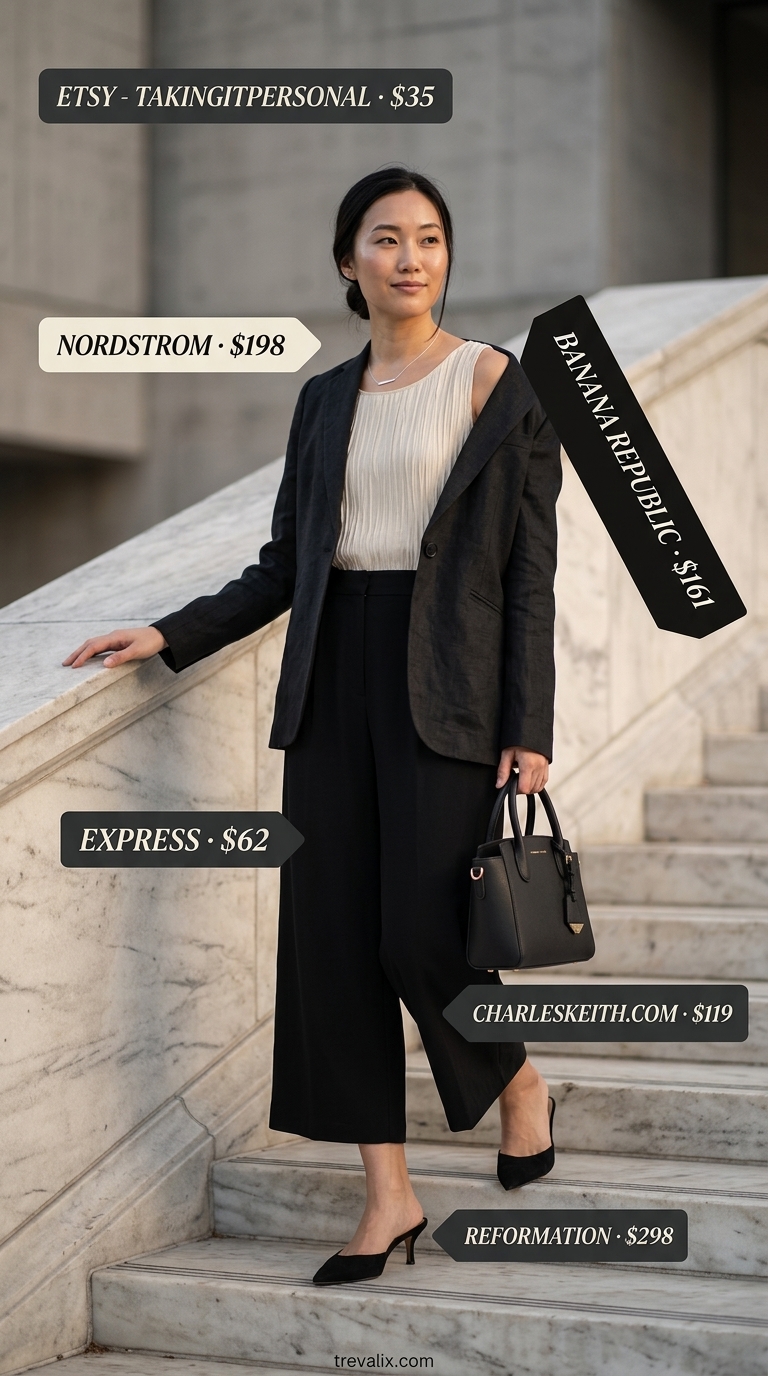 Summer outfits for women over 40 - 2026: Black trousers, cream top, linen blazer for gallery opening.