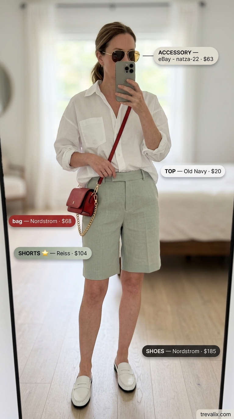 Summer outfits for women over 40 - 2026: Navy Bermuda shorts, white shirt, red bag for resort lunch.