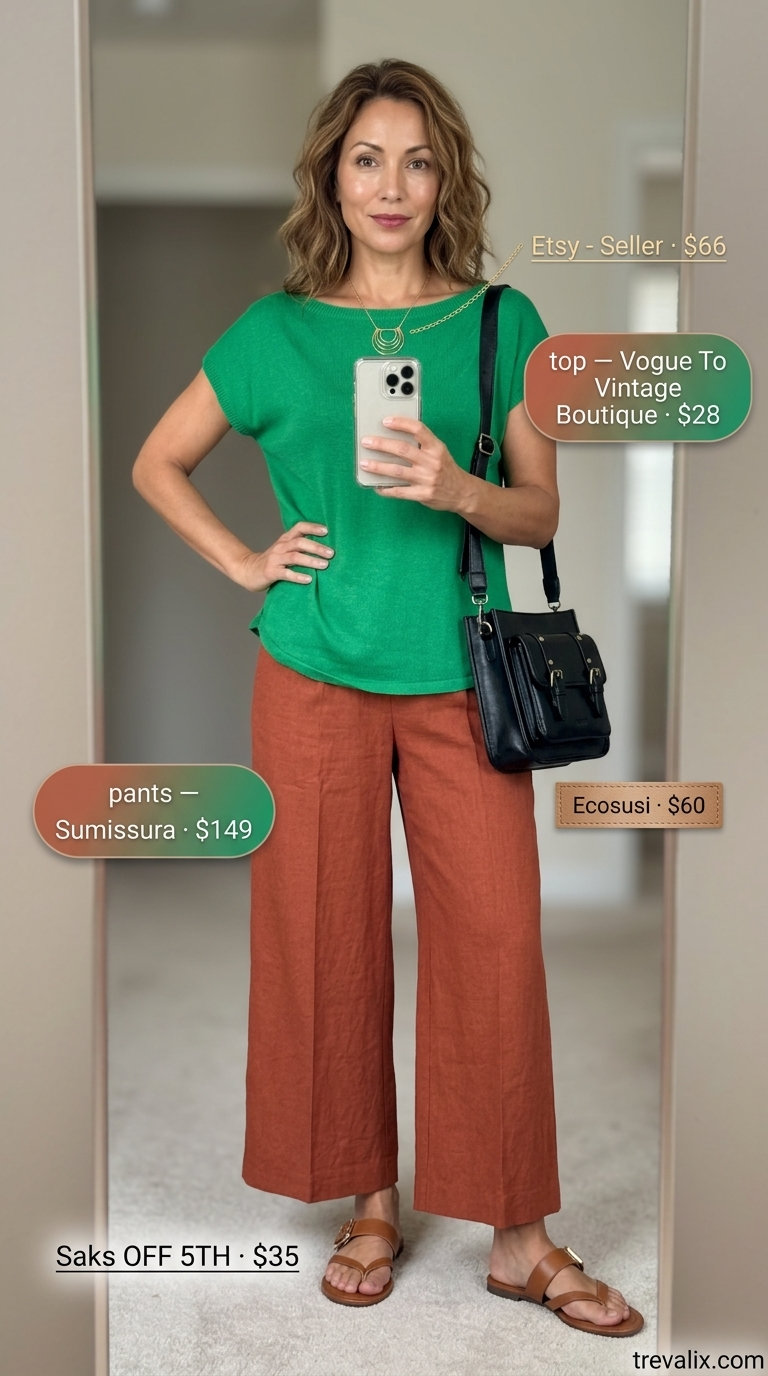 Summer outfits for women over 40 - 2026: Terracotta linen culottes, emerald green top, gold necklace for art exhibition.