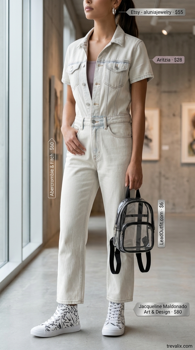 Artistic Gallery Hop Summer Outfits 2026 Artistic Gallery Hop: Denim jumpsuit, lavender top, abstract sneakers. Summer outfits with sneakers for women 2026.