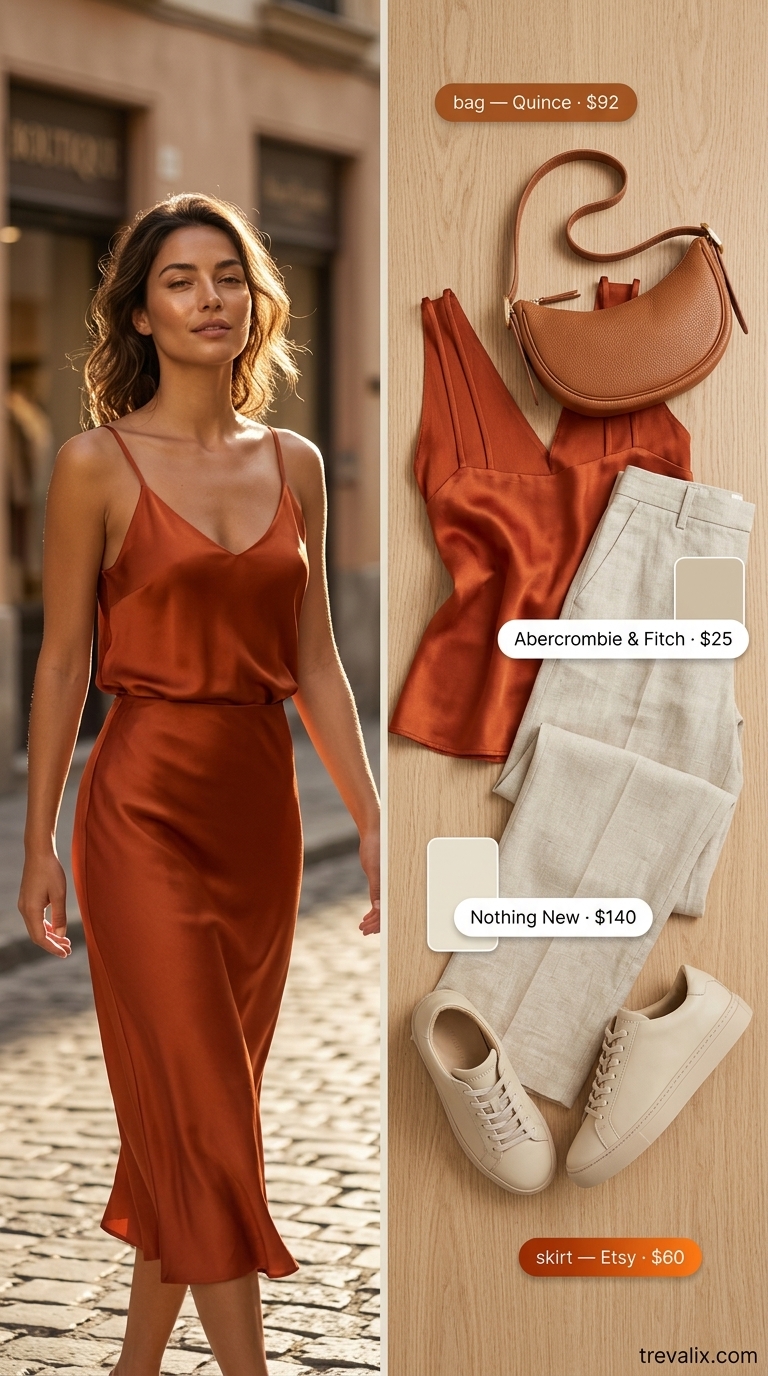 Artsy Summer Outfits with Sneakers for Women 2026 Sophisticated summer outfits with sneakers for women 2026: Taupe linen blazer, rust camisole, cream trousers, and leather sneakers.