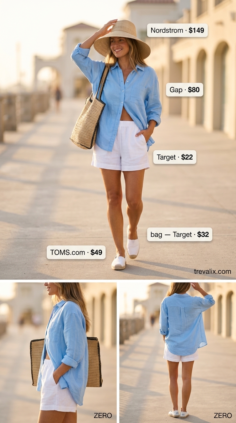 Beachside Brunch Summer Outfits 2026 Beachside Brunch Bliss: Linen shirt, linen shorts, espadrille sneakers, straw hat. Summer outfits with sneakers for women 2026.