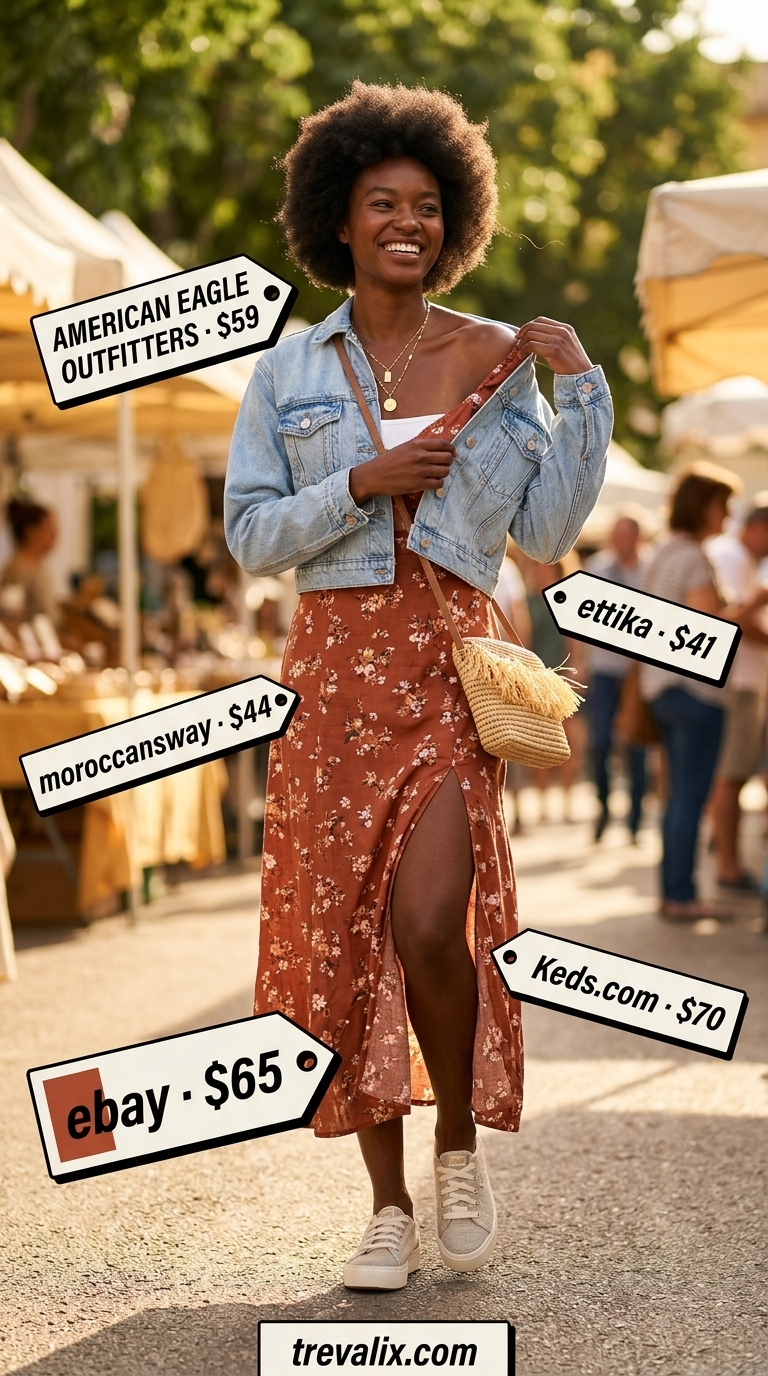 Bohemian Rhapsody Daydream 2026 Bohemian rhapsody daydream: Floral maxi dress, platform sneakers, and denim jacket for summer outfits with sneakers for women 2026.