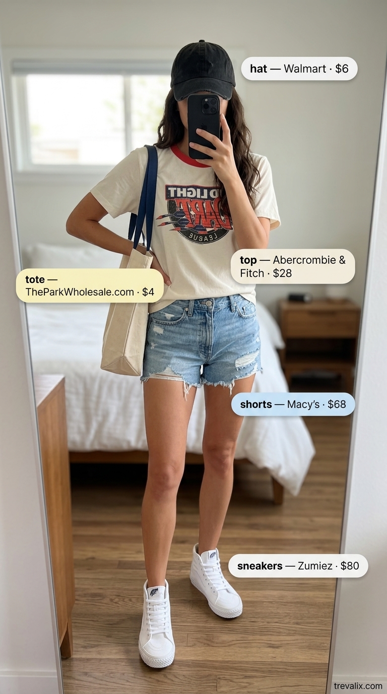 California Coast Chill Outfit 2026 California coast chill: Distressed denim shorts, graphic tee, and white high-top sneakers for summer outfits with sneakers for women 2026.