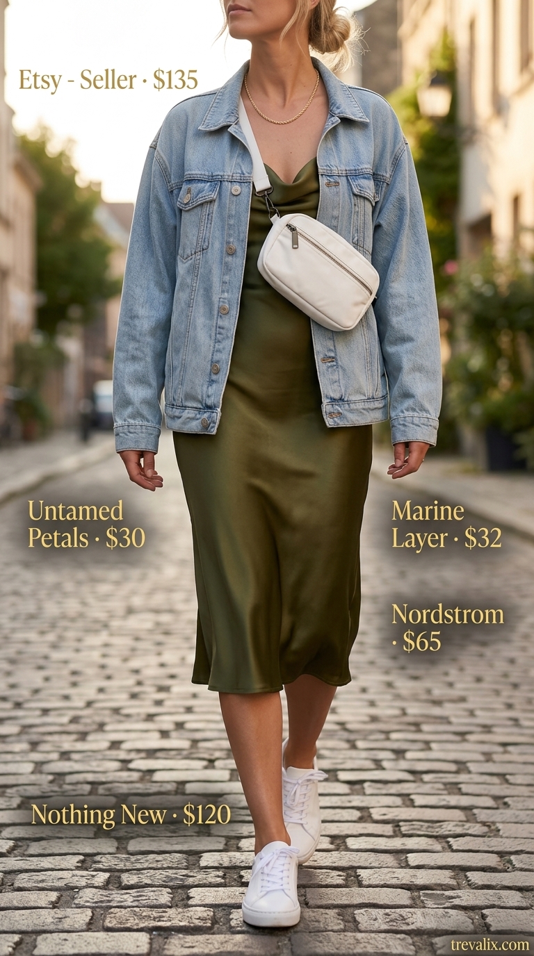 City Break Explorer Summer Outfits 2026 City Break Explorer: Olive satin dress, denim jacket, white sneakers. Summer outfits with sneakers for women 2026.