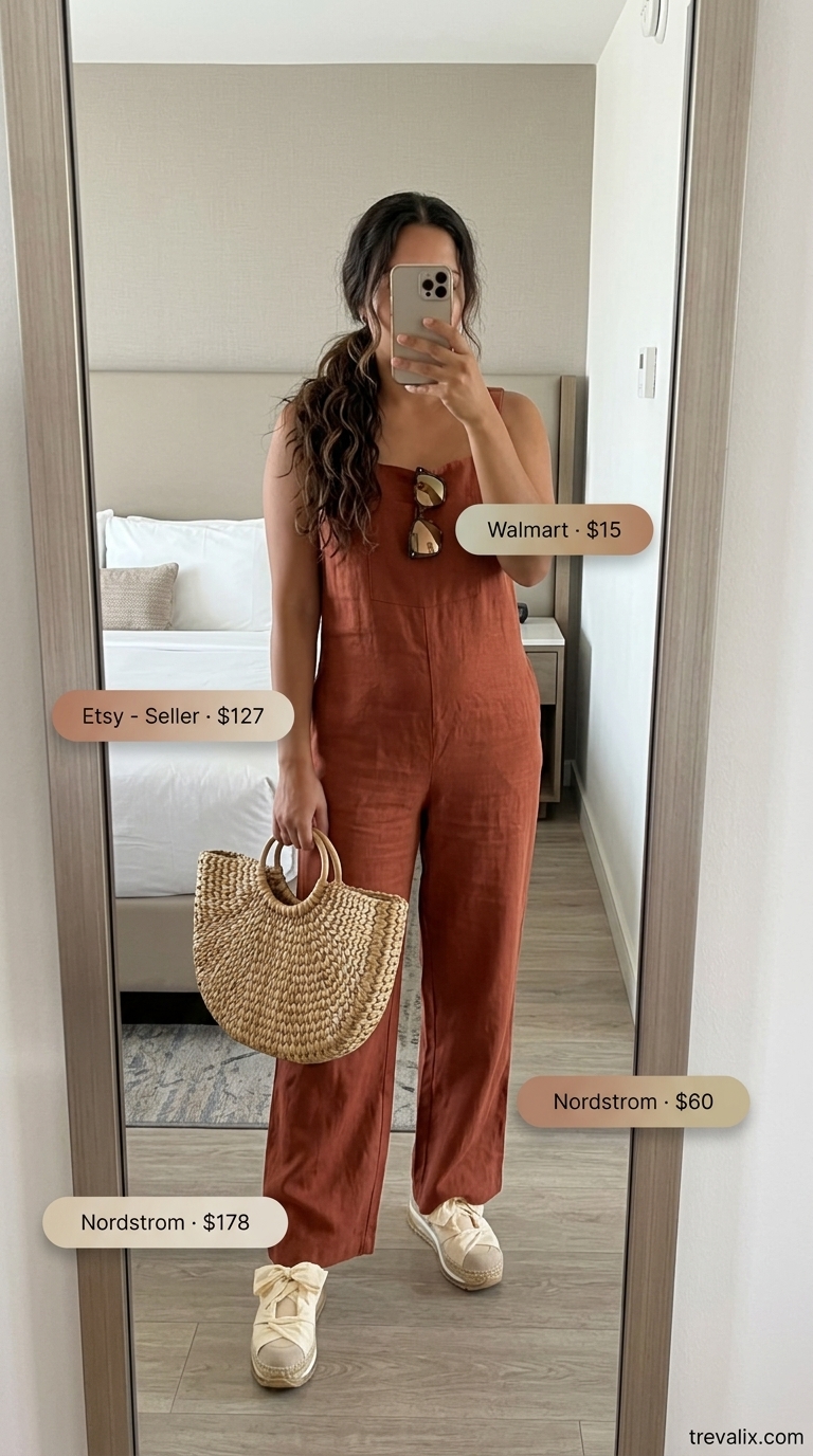Desert Summer Outfits with Sneakers for Women 2026 Relaxed summer outfits with sneakers for women 2026: Terracotta linen jumpsuit, straw tote, and espadrille sneakers.