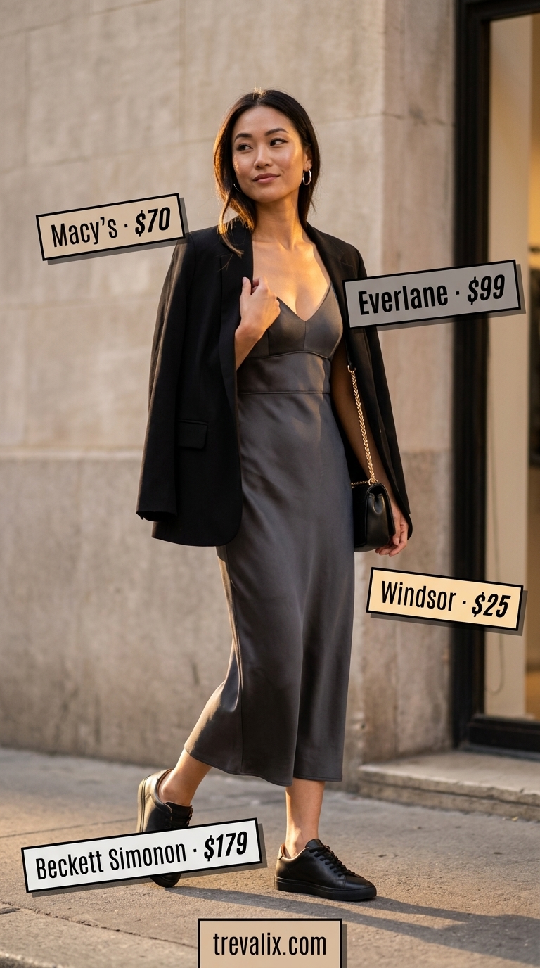 Effortless Summer Glam Outfits 2026 Effortless Summer Glam: Satin slip dress, oversized blazer, leather sneakers. Summer outfits with sneakers for women 2026.