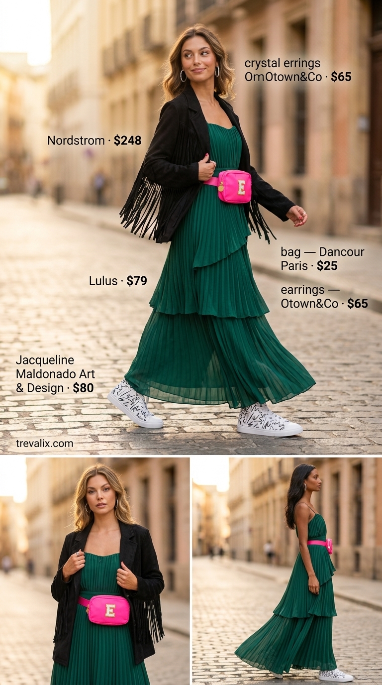 Festival Summer Outfits with Sneakers for Women 2026 Festival summer outfits with sneakers for women 2026: Emerald maxi dress, fringe jacket, and graphic high-tops.