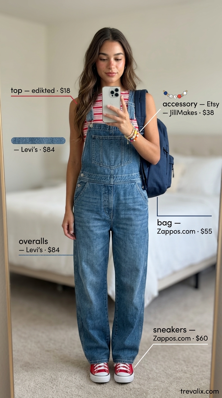 Festival Funster Summer Outfits 2026 Festival Funster: Denim overalls, striped crop top, red sneakers. Summer outfits with sneakers for women 2026.