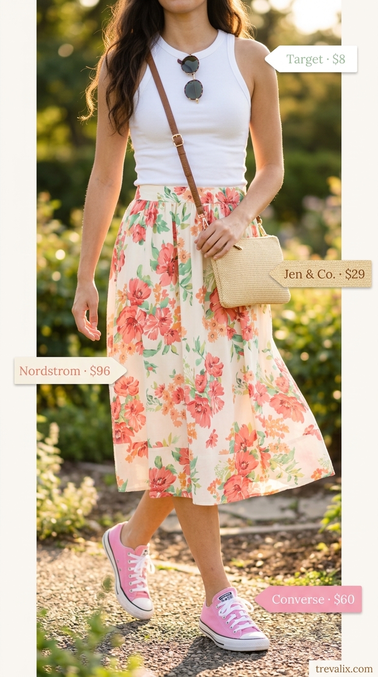 Garden Summer Outfits with Sneakers for Women 2026 Feminine summer outfits with sneakers for women 2026: Floral midi skirt, white tank, and pink canvas sneakers.