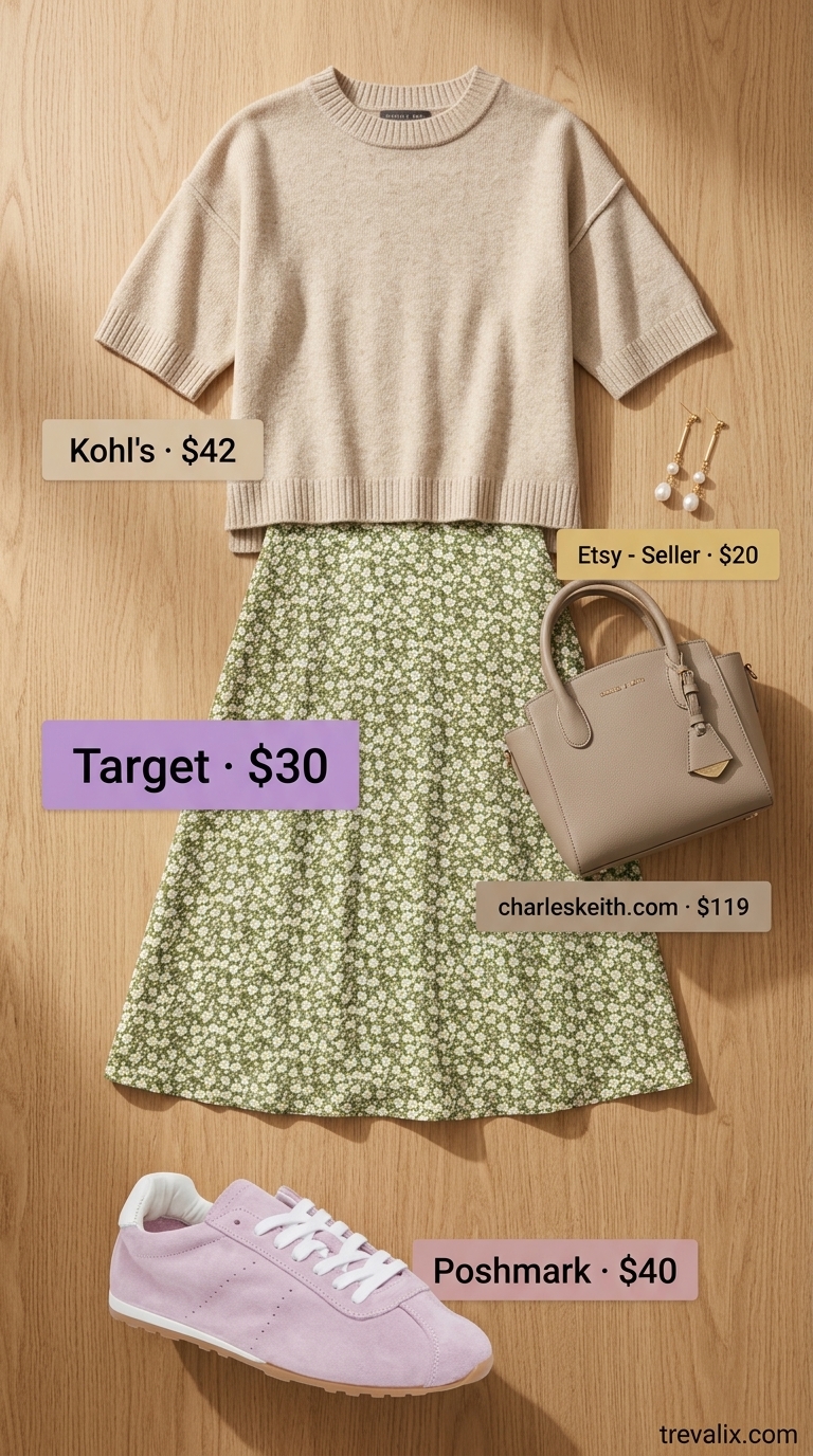 Garden Gathering Summer Outfits 2026 Soft Summer Garden Gathering: Floral skirt, suede sneakers, knit sweater. Summer outfits with sneakers for women 2026.