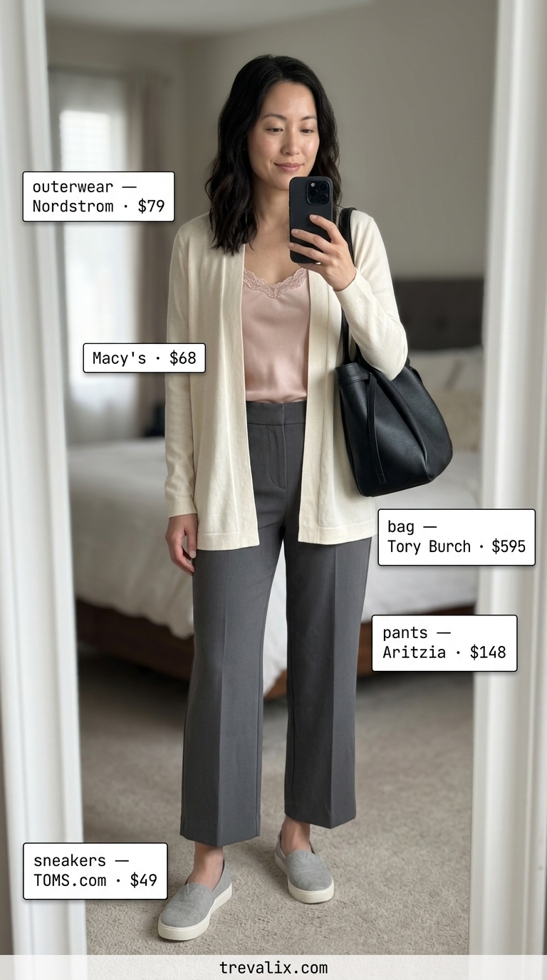 Effortless Jetsetter Style 2026 Effortless jetsetter outfit: Charcoal grey wide-leg pants, blush silk cami, and grey knit sneakers for summer outfits with sneakers for women 2026.