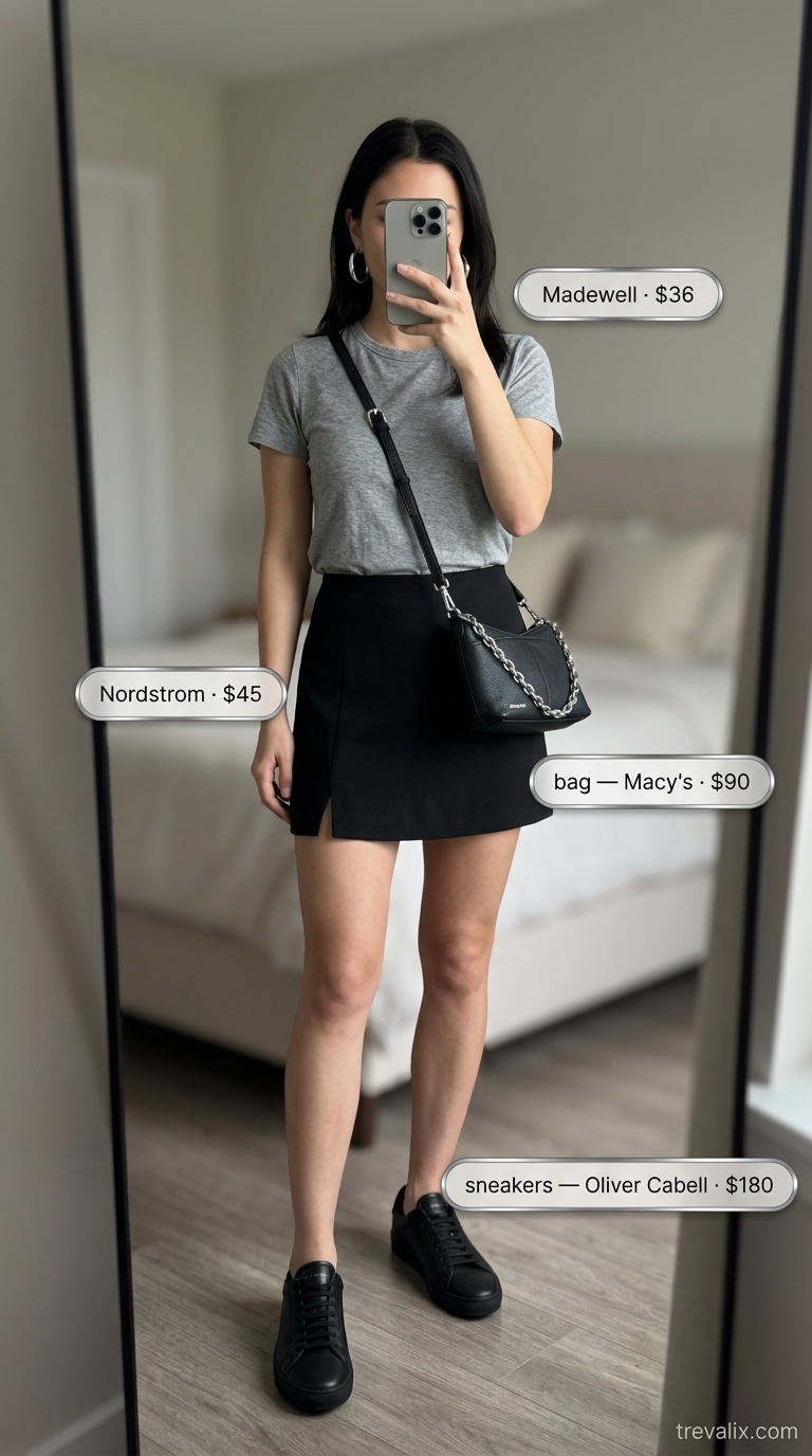 Monochrome Summer Outfits with Sneakers for Women 2026 Edgy summer outfits with sneakers for women 2026: Black mini skirt, white oversized shirt, and black leather sneakers.