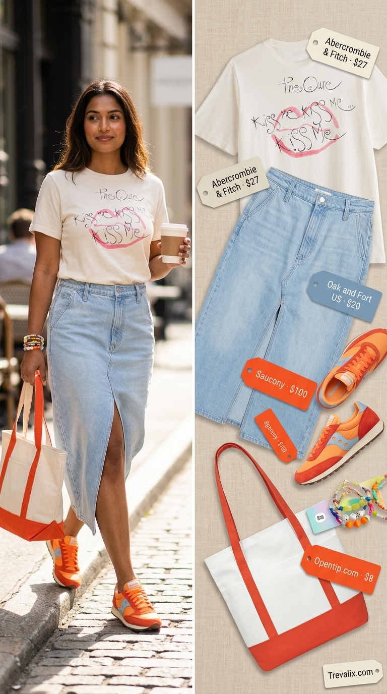 Retro Summer Outfits with Sneakers for Women 2026 Nostalgic summer outfits with sneakers for women 2026: Denim midi skirt, graphic tee, and retro teal sneakers.