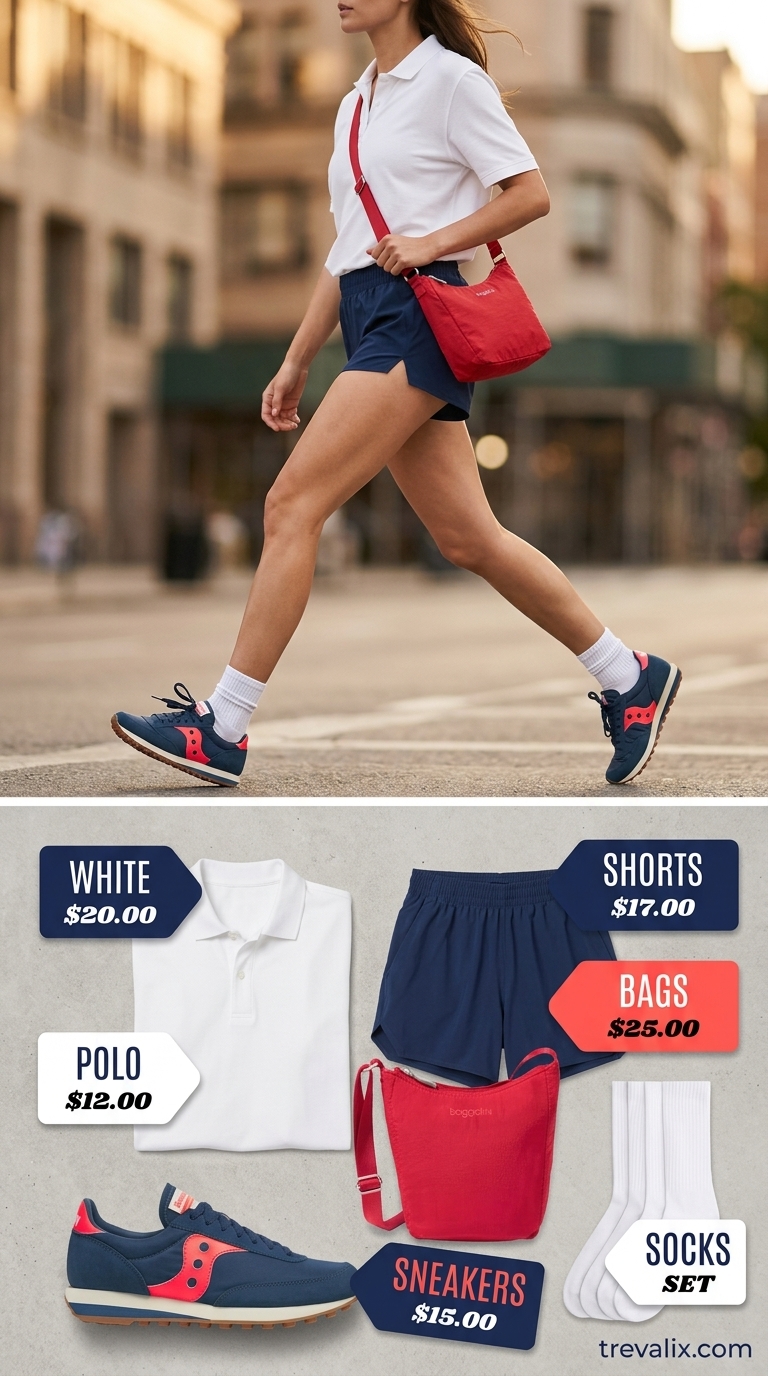 Retro Sporty Chic Look 2026 Retro sporty chic: Navy athletic shorts, white polo, and retro sneakers for summer outfits with sneakers for women 2026.