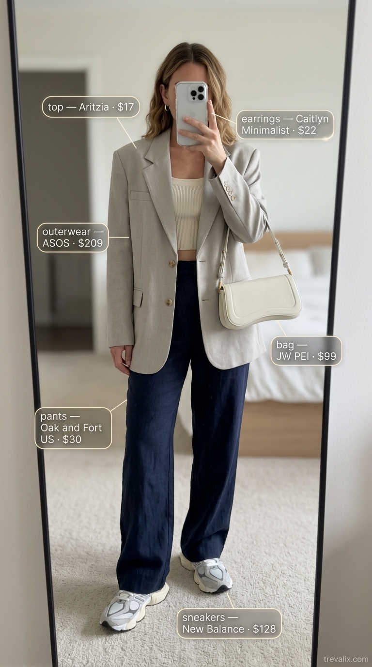 Sophisticated Sportswear Style 2026 Sophisticated sportswear: Grey sneakers, navy trousers, and oversized blazer for summer outfits with sneakers for women 2026.