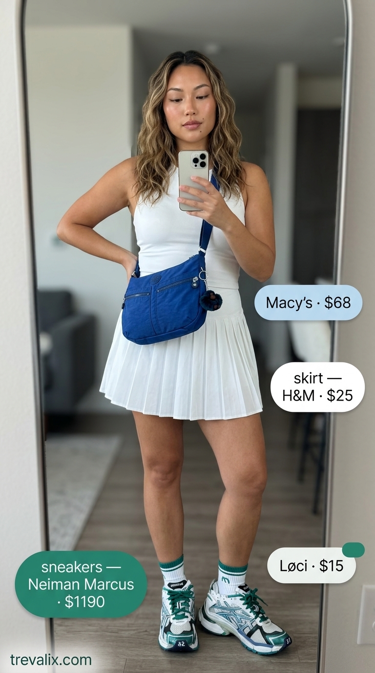 Sporty Summer Outfits with Sneakers for Women 2026 Playful summer outfits with sneakers for women 2026: Emerald green polo, white tennis skirt, and color-block sneakers.