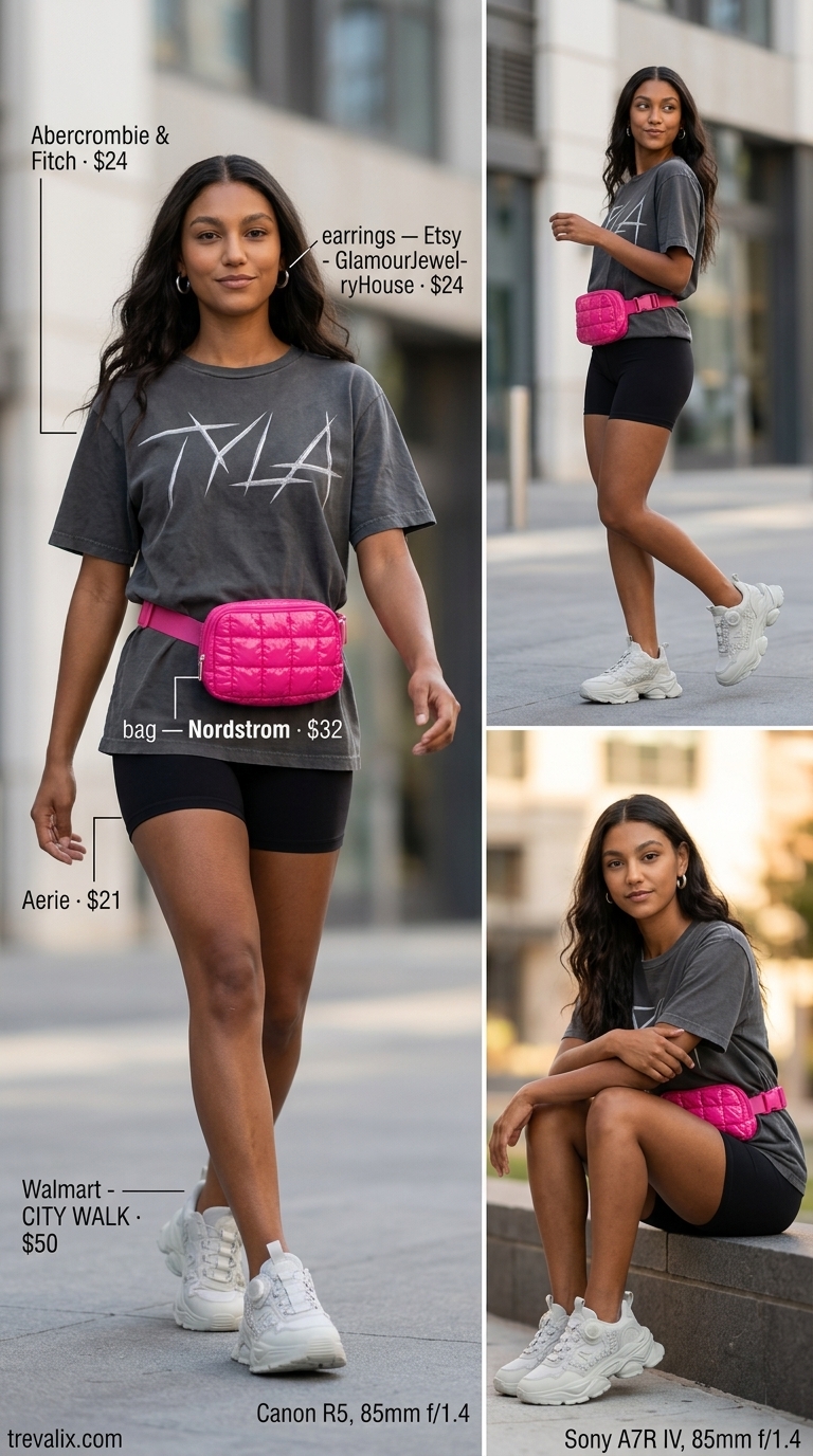 Statement Summer Outfits with Sneakers for Women 2026 Edgy summer outfits with sneakers for women 2026: Biker shorts, graphic tee, and chunky white sneakers.