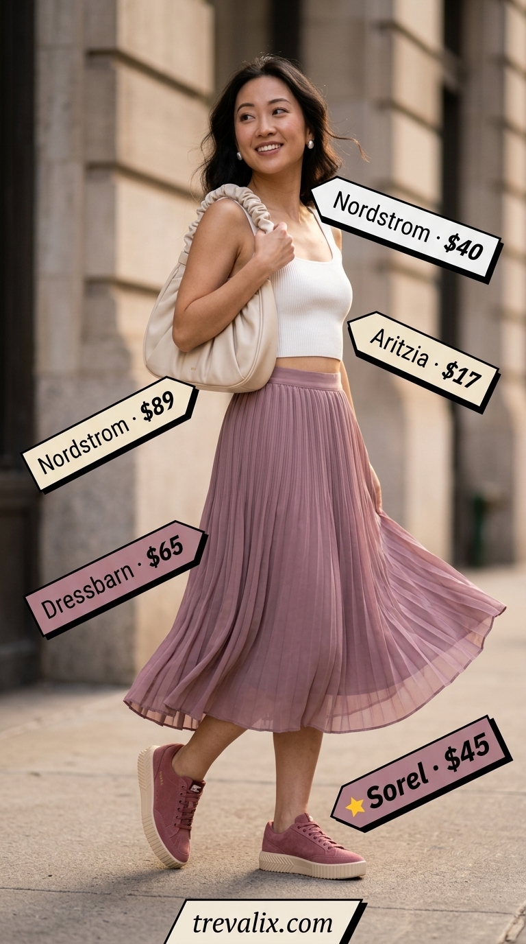 Sweet Summer Romance Outfits 2026 Sweet Summer Romance: Pink sneakers, midi skirt, knit camisole. Summer outfits with sneakers for women 2026.