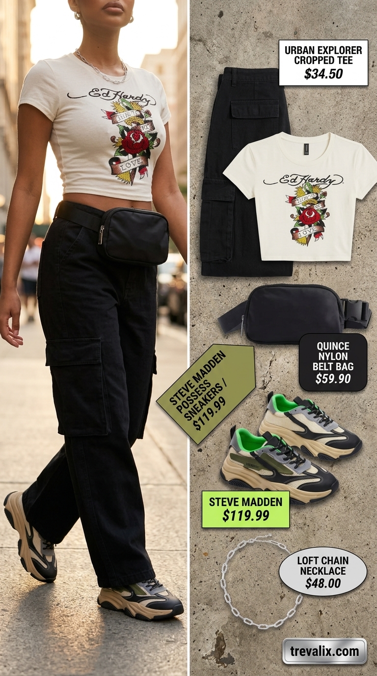 Urban Explorer Street Style 2026 Urban explorer street style: Olive green cargo pants, graphic tee, and chunky sneakers for summer outfits with sneakers for women 2026.