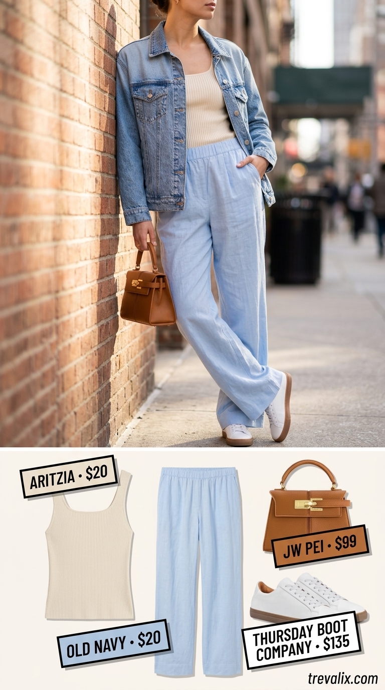 Weekend Brunch Elegance 2026 Weekend brunch elegance: White sneakers, linen pants, and knit top for summer outfits with sneakers for women 2026.