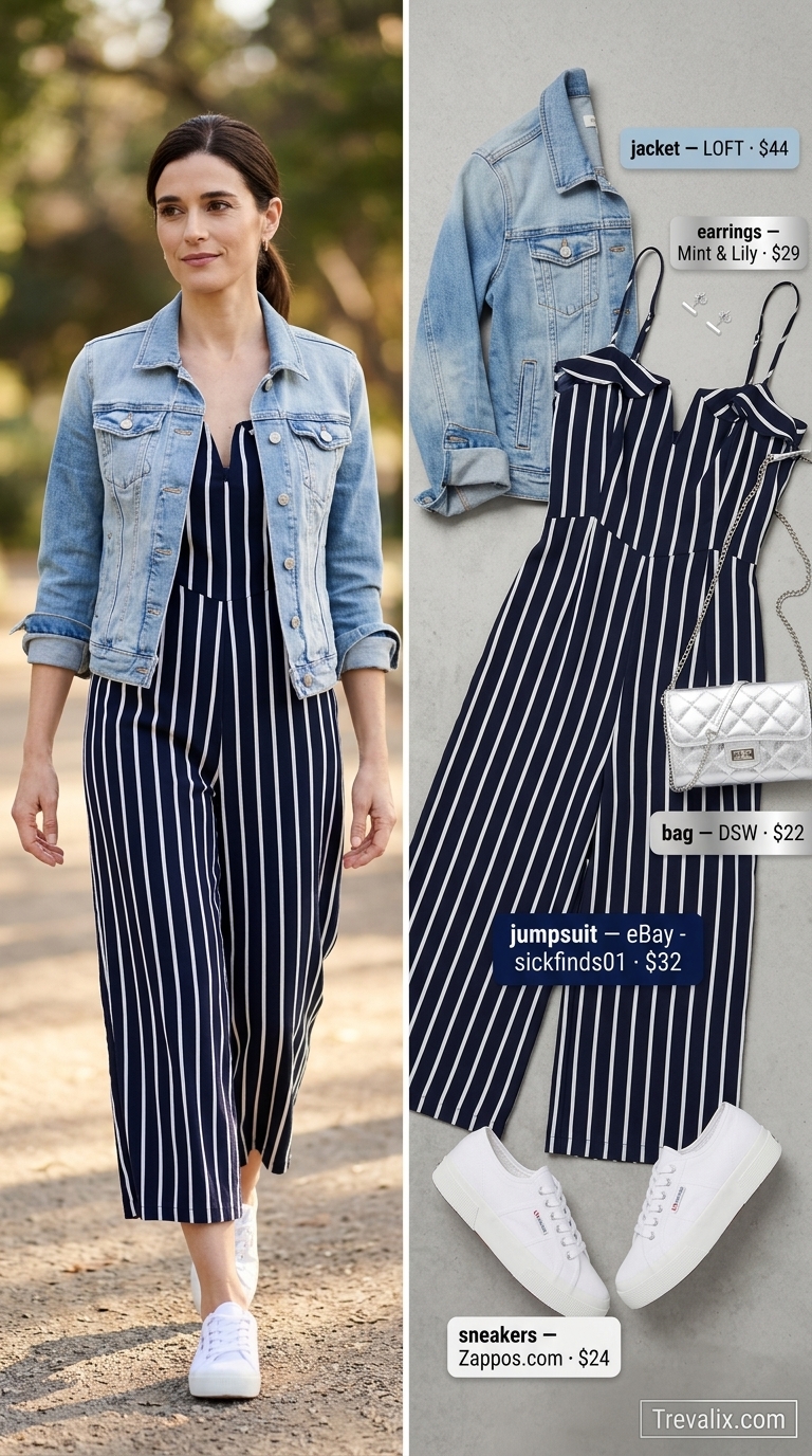Weekend Summer Outfits with Sneakers for Women 2026 Stylish summer outfits with sneakers for women 2026: Striped jumpsuit, denim jacket, and silver crossbody bag.