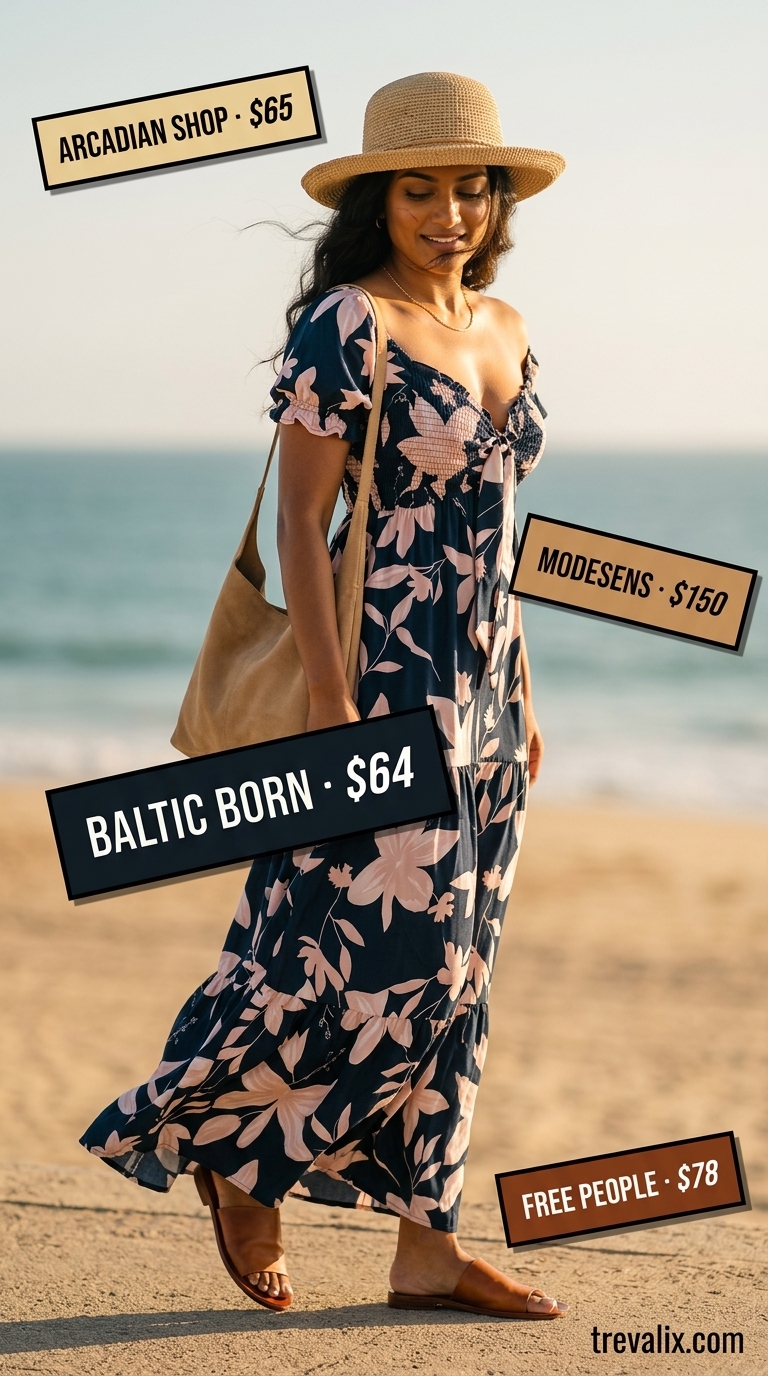 Summer outfits for women with Hourglass Shape 2026: Navy floral maxi dress, tan slides, straw hat, and suede bag.