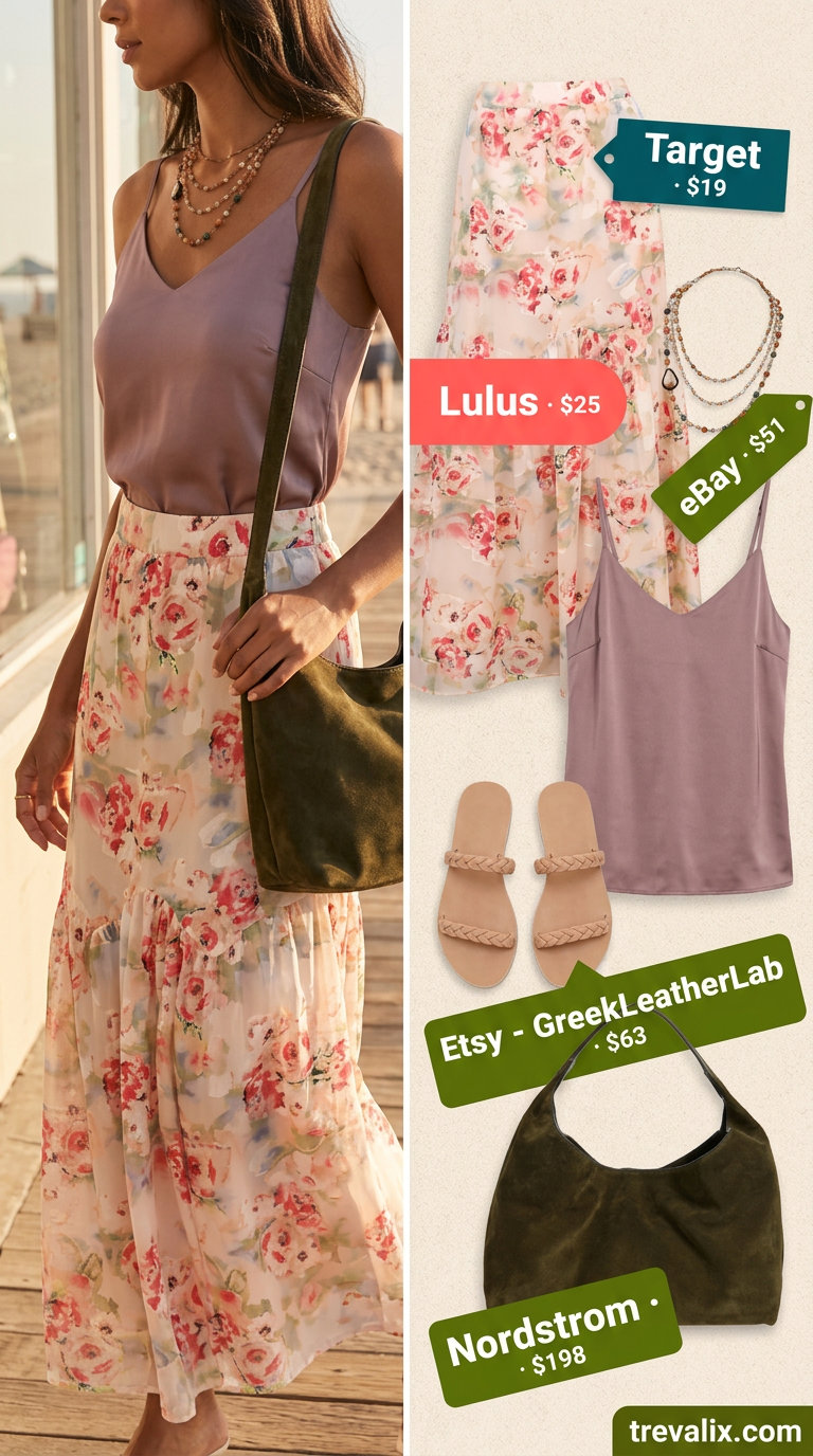 Boho maxi skirt outfit for hourglass shapes: blush pink floral skirt, cream cami, olive green bag. Summer outfits for women with Hourglass Shape 2026.