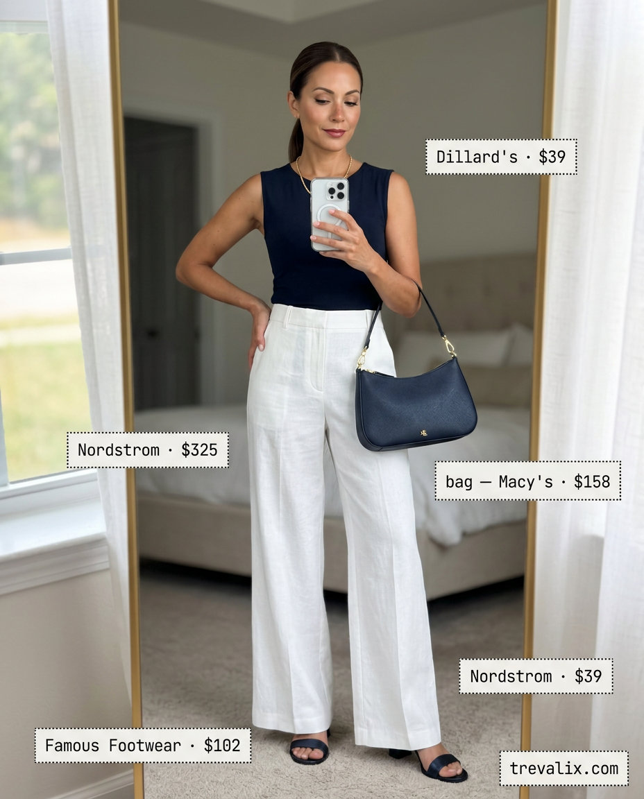 Summer outfits for women with Hourglass Shape 2026: White wide-leg pants, navy knit top, gold necklace, and block heels.