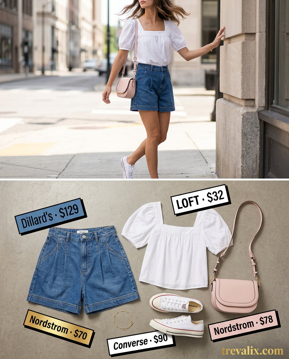 Summer outfits for women with Hourglass Shape 2026: White puff-sleeve blouse, denim shorts, white sneakers, and pink crossbody.