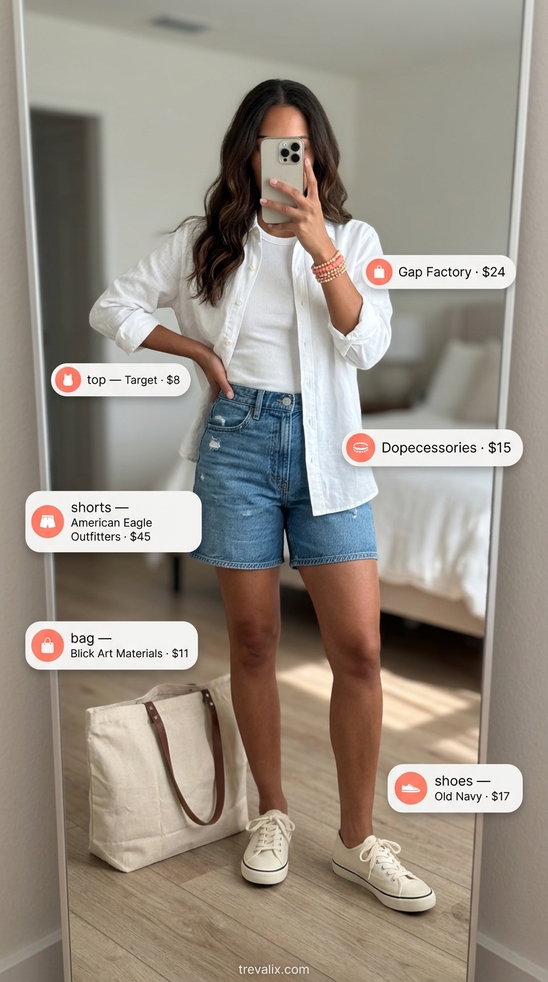 Summer outfits for women with Hourglass Shape 2026: Denim shorts, white tank, linen shirt for casual weekend.