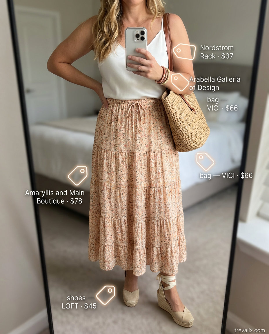 Summer outfits for women with Hourglass Shape 2026: Floral midi skirt, ivory cami for garden party.