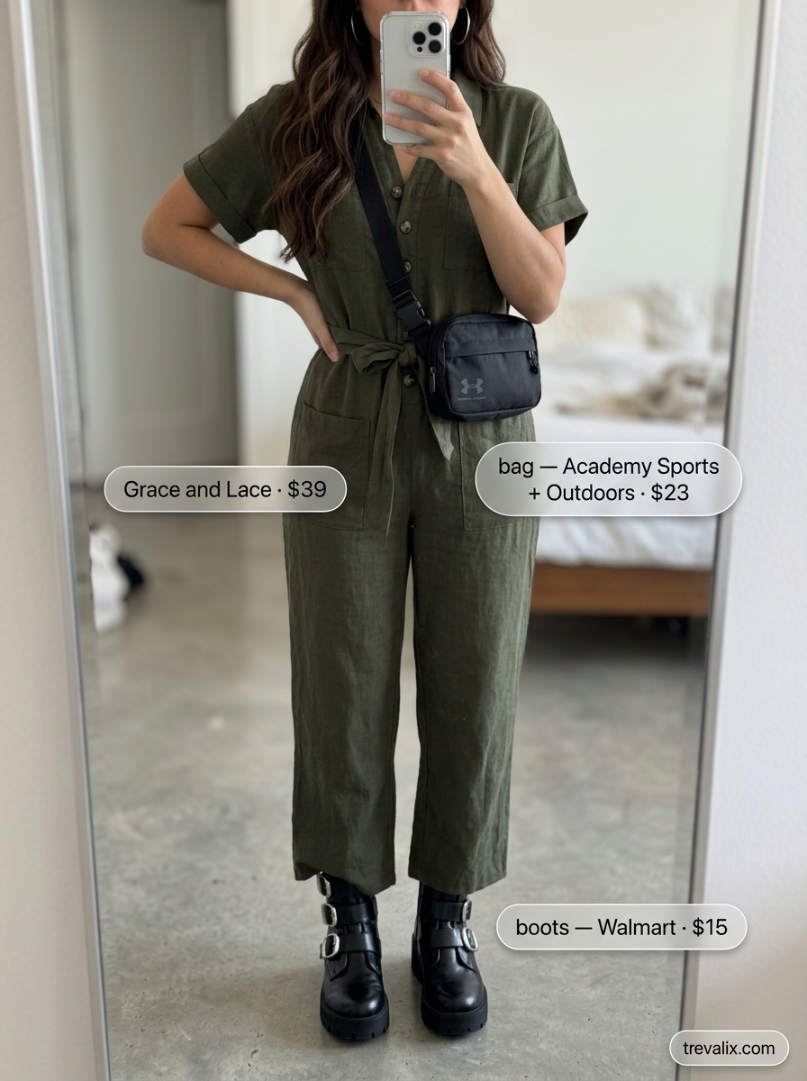Utility jumpsuit outfit for hourglass shapes: olive green jumpsuit, combat boots, belt bag. Summer outfits for women with Hourglass Shape 2026.
