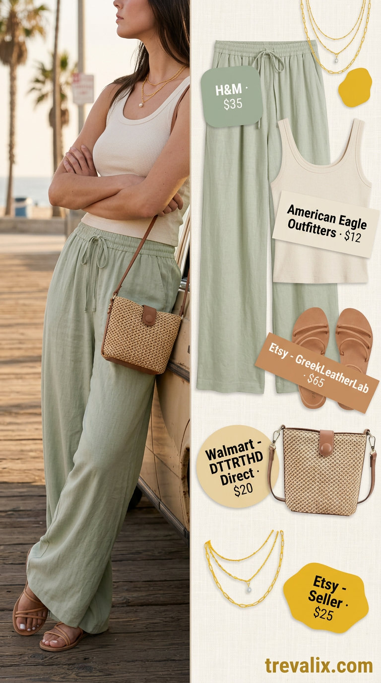 Summer outfits for women with Hourglass Shape 2026: Sage green linen pants, cream tank for casual evenings.