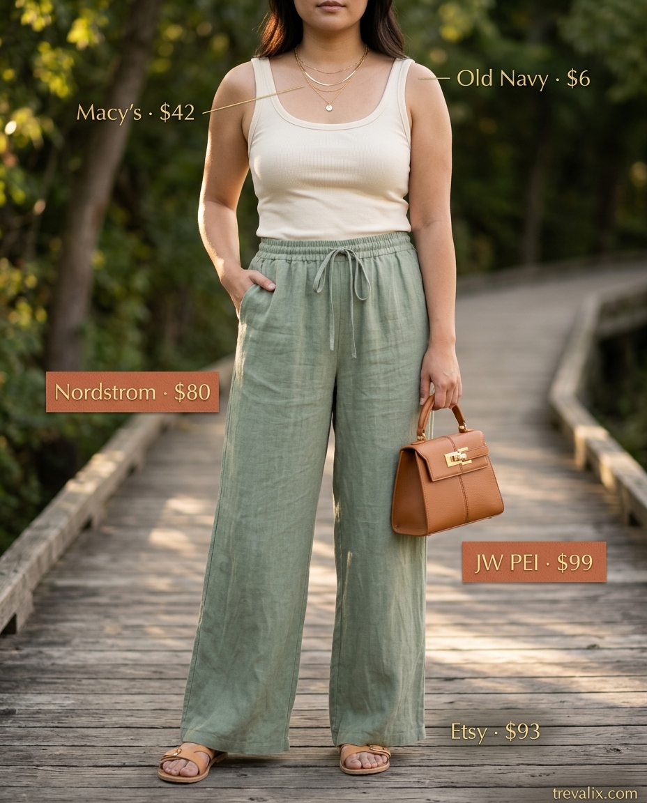Summer outfits for women with Hourglass Shape 2026: Sage green linen pants, cream tank for casual evenings.