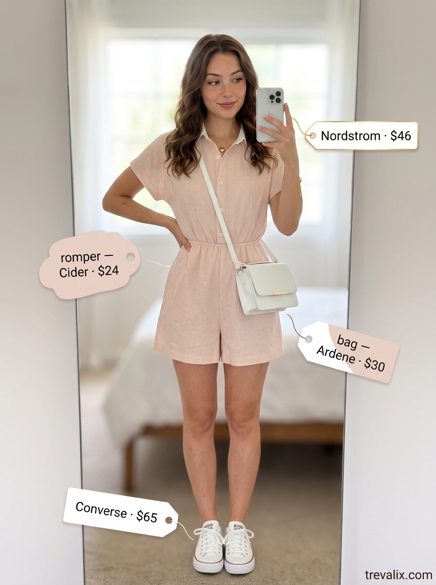 Summer outfits for women with Hourglass Shape 2026: Blush pink linen romper, white sneakers, white crossbody, and gold necklace.