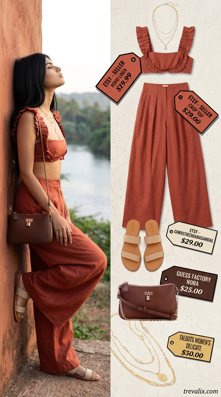 Linen pants set for hourglass shapes: terracotta pants, cropped top, leather slides. Summer outfits for women with Hourglass Shape 2026.