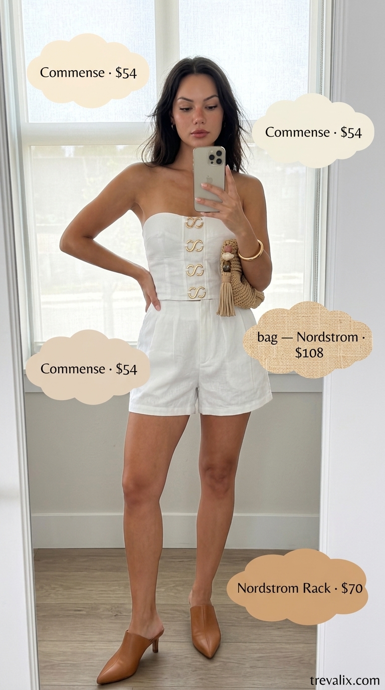 Summer outfits for women with Hourglass Shape 2026: Linen bandeau top & shorts set for daytime events.